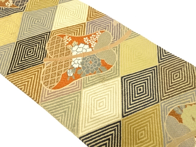 JAPANESE KIMONO / ANTIQUE MARU OBI / SILK / WOVEN RHMBUS & GUNPAI FAN